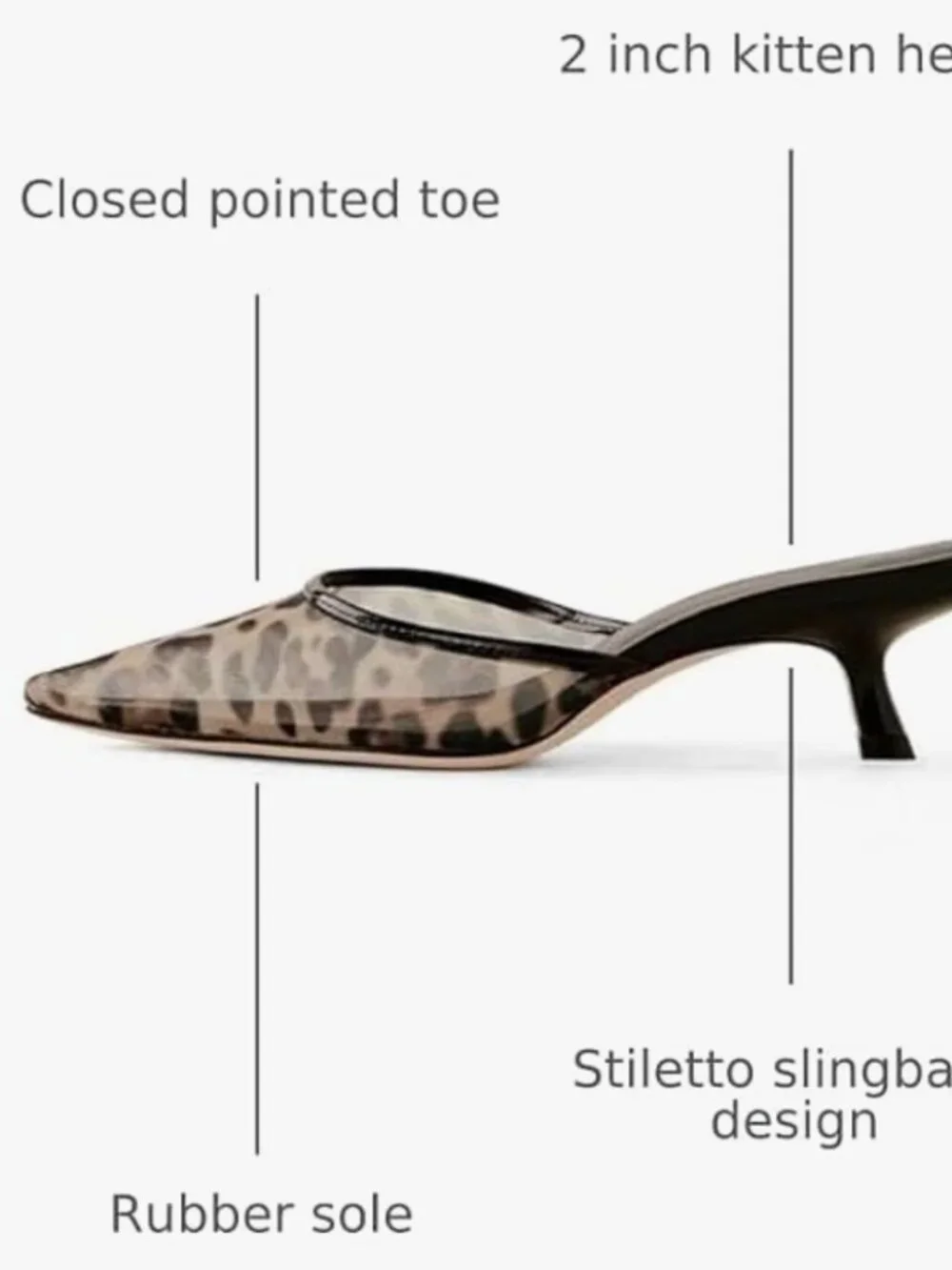 Leopard print mesh kitten heels slip on mules size 8
